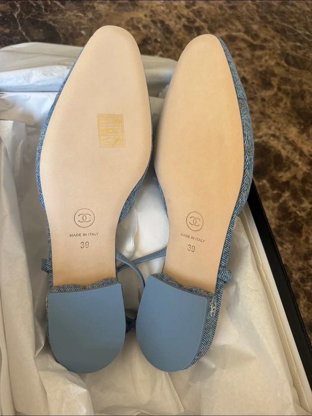 Chanel 26b denim blue quilted slingback sling flats sz 39